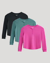 Girls Long Sleeve Boxy Waffle Henley 3-Pack