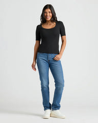 Womens Black Ribbed 3/4 Sleeve Scoop Neck Tee 3-Pack