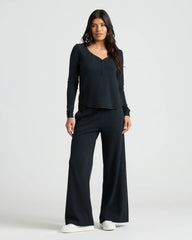 Womens Black Waffle Wide Leg Pants