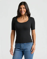 Womens Black Ribbed 3/4 Sleeve Scoop Neck Tee 3-Pack