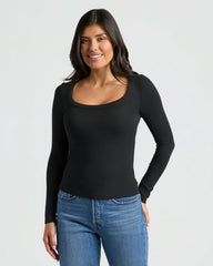 Womens Black Ribbed Long Sleeve Scoop Neck Tee 3-Pack