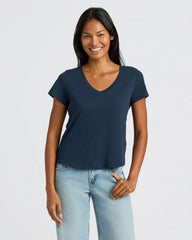 Womens Navy & White Relaxed Slub V-Neck Tee 4-Pack