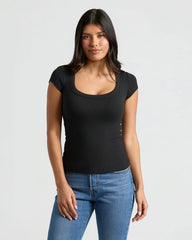 Womens Black Ribbed U-Neck Tee 3-Pack