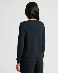 Womens Black Waffle Long Sleeve Boxy Henley