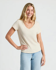 Womens Oatmeal Relaxed Slub V-Neck Tee 4-Pack